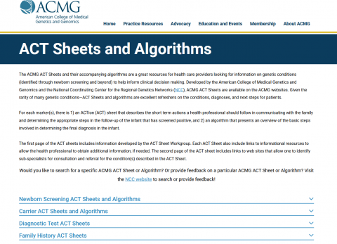 A screen shot of the ACMG ACT Sheets and Algorithms website